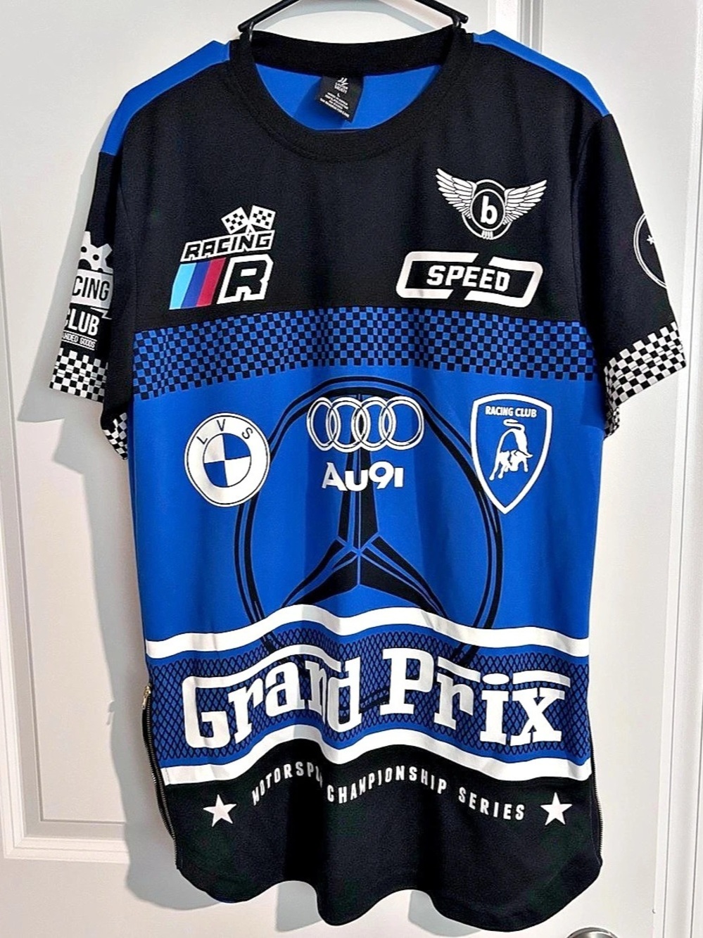 Lavish Society Grand Prix Motorsport Racing Jersey T-Shirt Blue & Black menβs la